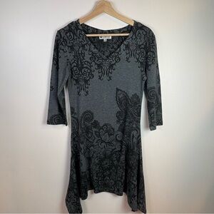 Papillon Blanc Women’s Charcoal Grey & Black Floral A-Line Dress, Size Small